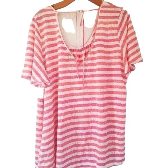 B COLLECTION BOBEAU Women Top Plus Sz 2X Coral White Stripe Flutter Short Sleeve - Picture 1 of 10